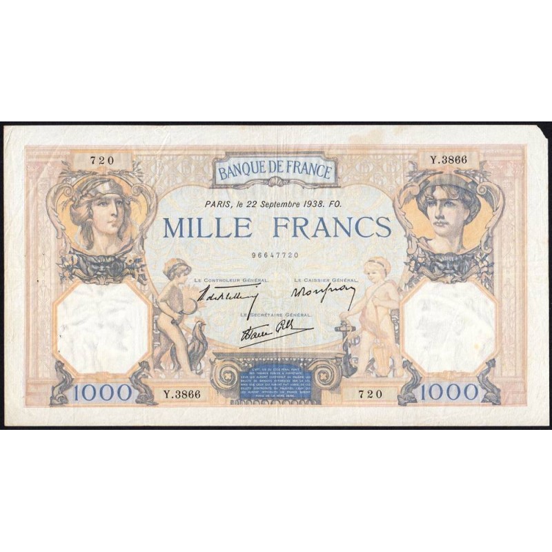 F 38-27 - 22/09/1938 - 1000 francs - Cérès et Mercure mod. - Série Y.3866 - Etat : TB