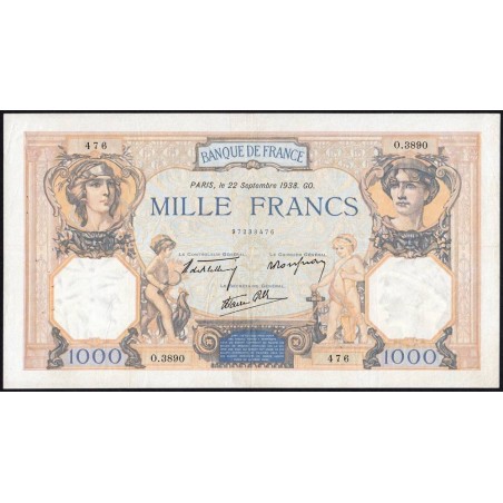 F 38-27 - 22/09/1938 - 1000 francs - Cérès et Mercure mod. - Série O.3890 - Etat : TTB à TTB+
