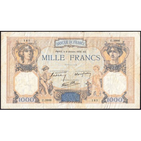F 38-28 - 06/10/1938 - 1000 francs - Cérès et Mercure mod. - Série U.3986 - Etat : B