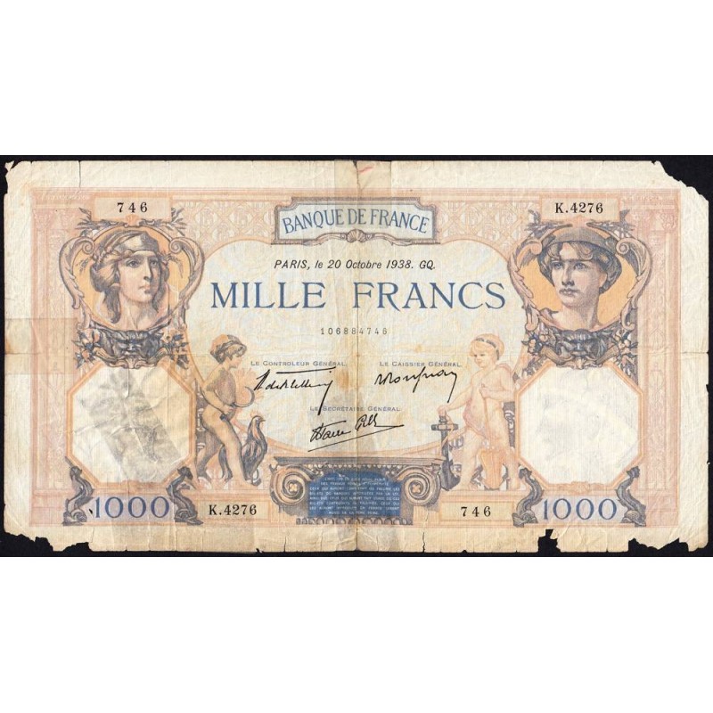 F 38-30 - 20/10/1938 - 1000 francs - Cérès et Mercure mod. - Série K.4276 - Etat : AB