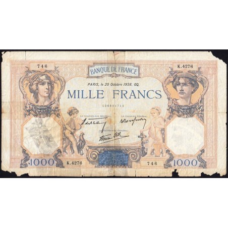 F 38-30 - 20/10/1938 - 1000 francs - Cérès et Mercure mod. - Série K.4276 - Etat : AB