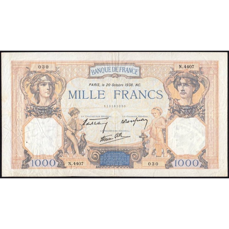 F 38-30 - 20/10/1938 - 1000 francs - Cérès et Mercure mod. - Série N.4407 - Etat : TB