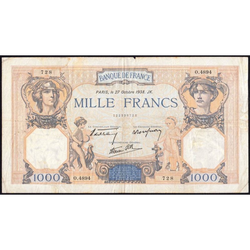 F 38-31 - 27/10/1938 - 1000 francs - Cérès et Mercure mod. - Série O.4894 - Etat : TB