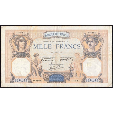 F 38-31 - 27/10/1938 - 1000 francs - Cérès et Mercure mod. - Série O.4894 - Etat : TB