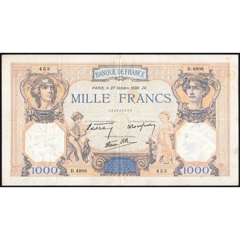 F 38-31 - 27/10/1938 - 1000 francs - Cérès et Mercure mod. - Série D.4906 - Etat : TB+