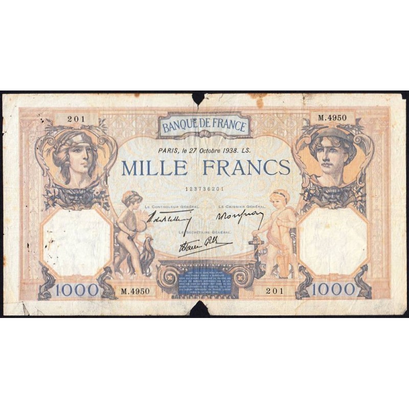 F 38-31 - 27/10/1938 - 1000 francs - Cérès et Mercure mod. - Série M.4950 - Etat : AB