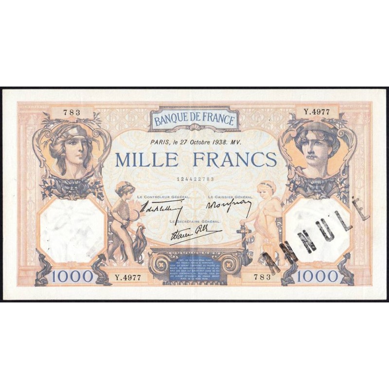F 38-31 - 27/10/1938 - 1000 francs - Cérès et Mercure mod. - Série Y.4977 - Annulé - Etat : SUP+