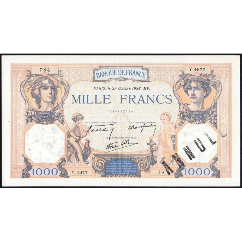 F 38-31 - 27/10/1938 - 1000 francs - Cérès et Mercure mod. - Série Y.4977 - Annulé - Etat : SUP+