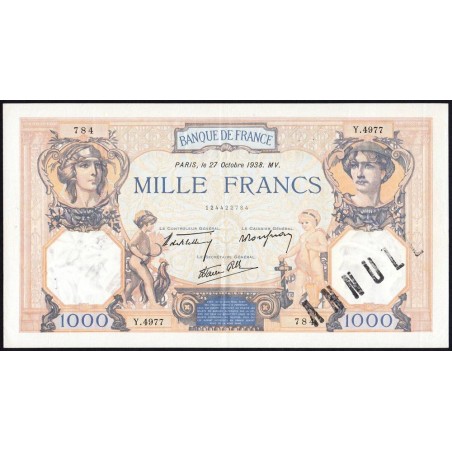 F 38-31 - 27/10/1938 - 1000 francs - Cérès et Mercure mod. - Série Y.4977 - Annulé - Etat : SUP+