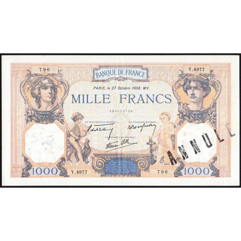 F 38-31 - 27/10/1938 - 1000 francs - Cérès et Mercure mod. - Série Y.4977 - Annulé - Etat : SUP+
