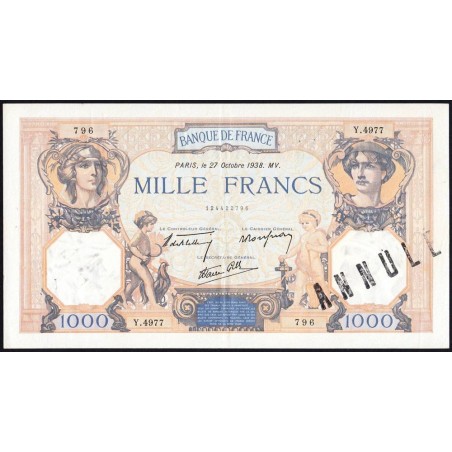 F 38-31 - 27/10/1938 - 1000 francs - Cérès et Mercure mod. - Série Y.4977 - Annulé - Etat : SUP+