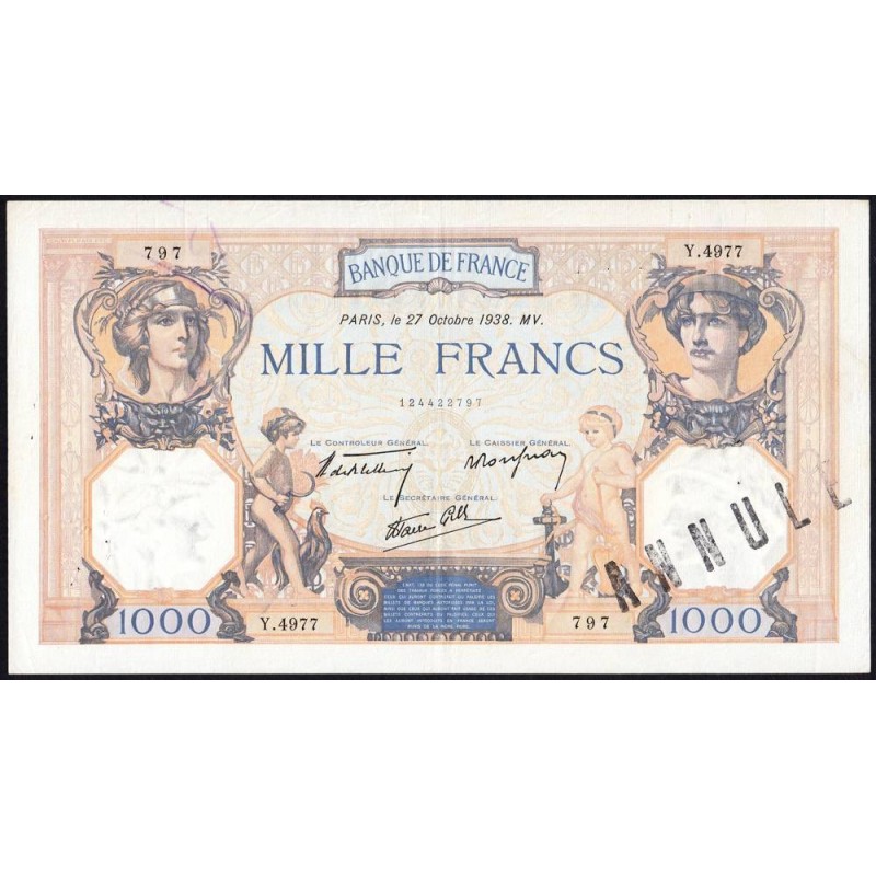 F 38-31 - 27/10/1938 - 1000 francs - Cérès et Mercure mod. - Série Y.4977 - Annulé - Etat : TTB+