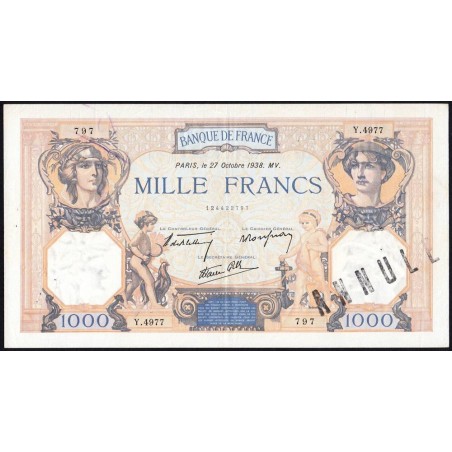 F 38-31 - 27/10/1938 - 1000 francs - Cérès et Mercure mod. - Série Y.4977 - Annulé - Etat : TTB+
