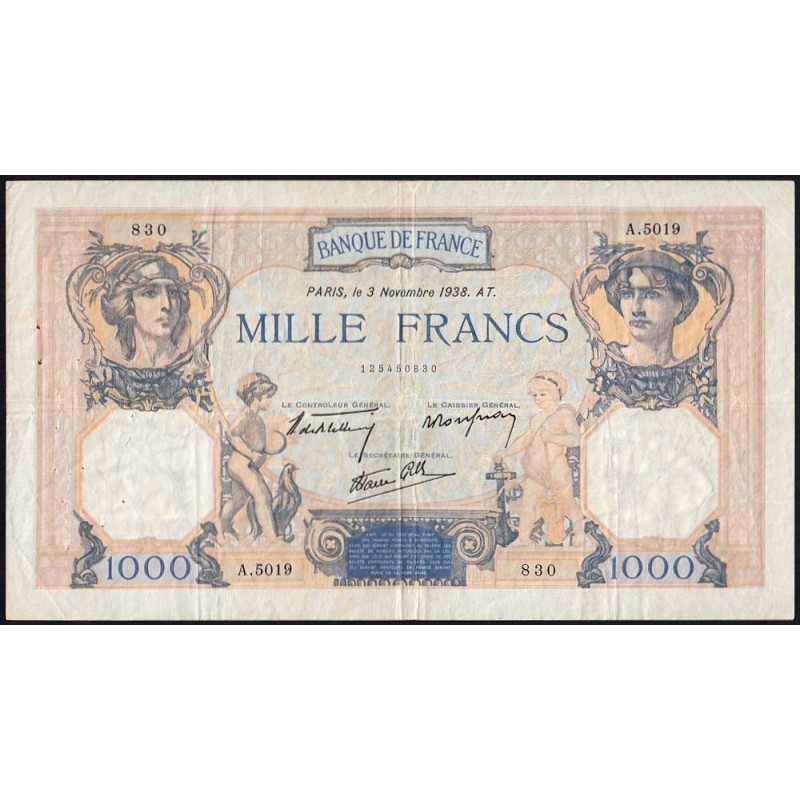 F 38-32 - 03/11/1938 - 1000 francs - Cérès et Mercure mod. - Série A.5019 - Etat : TB