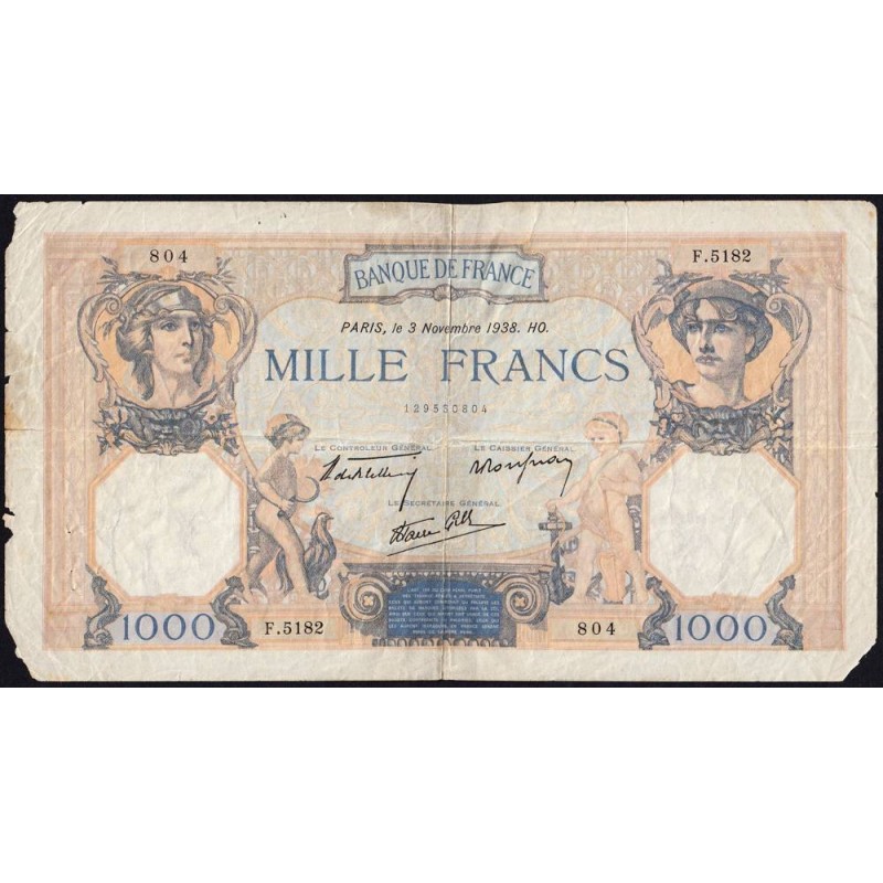 F 38-32 - 03/11/1938 - 1000 francs - Cérès et Mercure mod. - Série F.5182 - Etat : B