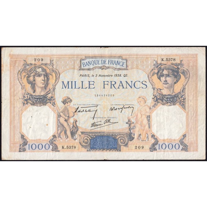 F 38-32 - 03/11/1938 - 1000 francs - Cérès et Mercure mod. - Série K.5378 - Etat : TB+