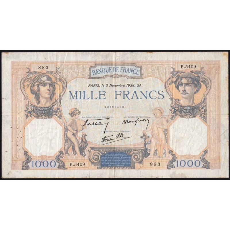 F 38-32 - 03/11/1938 - 1000 francs - Cérès et Mercure mod. - Série E.5409 - Etat : TB