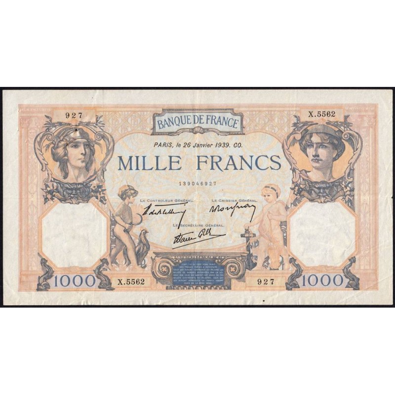 F 38-33 - 26/01/1939 - 1000 francs - Cérès et Mercure mod. - Série X.5562 - Etat : TB+
