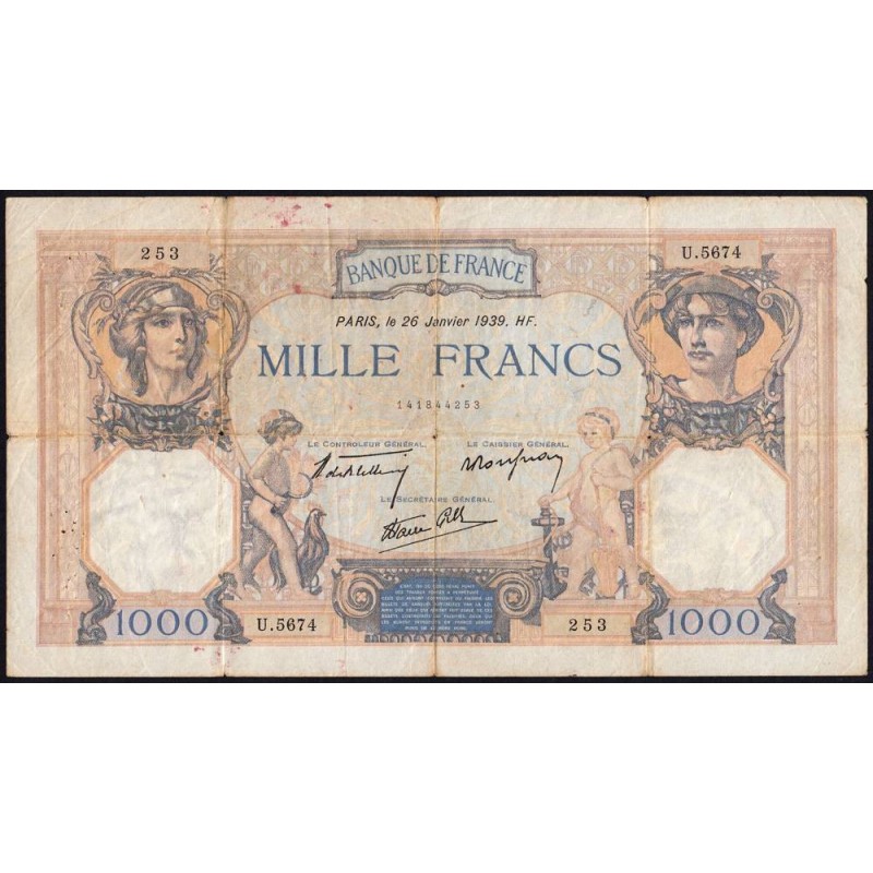 F 38-33 - 26/01/1939 - 1000 francs - Cérès et Mercure mod. - Série U.5674 - Etat : TB-