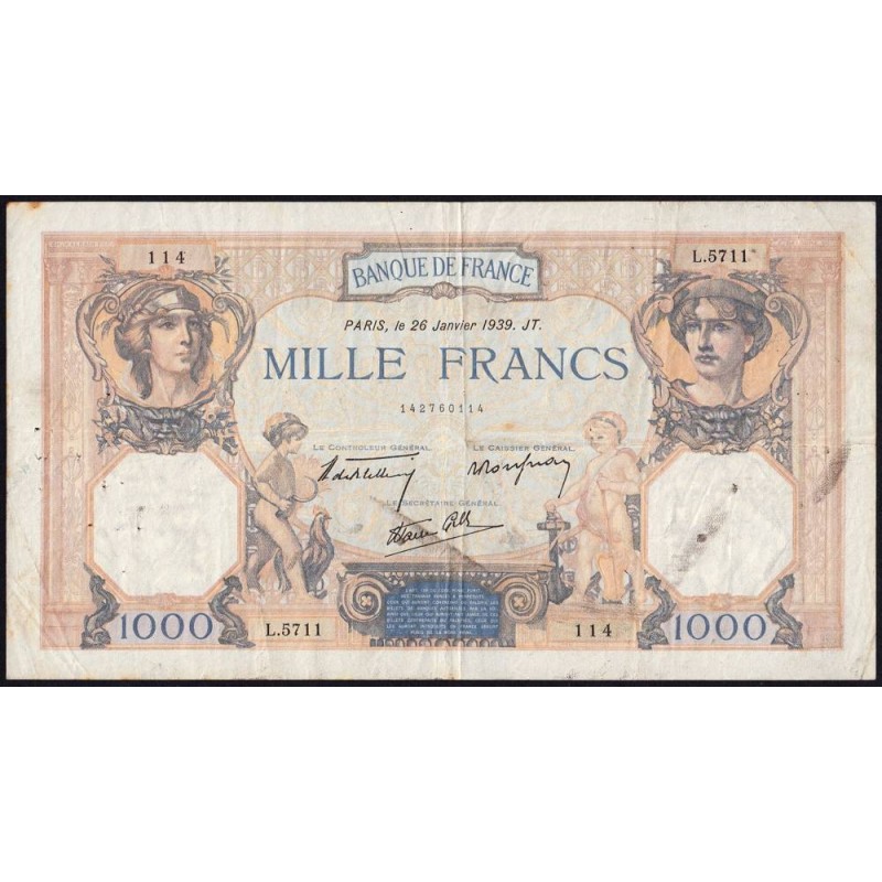 F 38-33 - 26/01/1939 - 1000 francs - Cérès et Mercure mod. - Série L.5711 - Etat : TB+