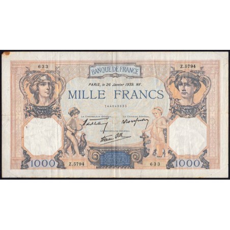 F 38-33 - 26/01/1939 - 1000 francs - Cérès et Mercure mod. - Série Z.5794 - Etat : TB+
