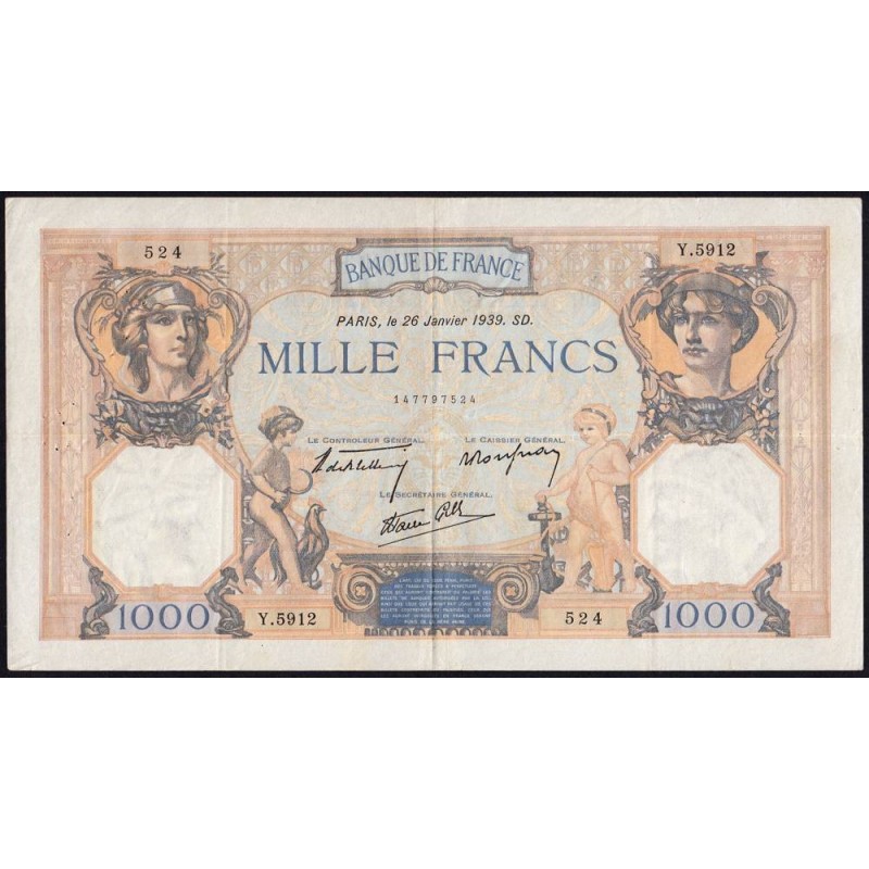 F 38-33 - 26/01/1939 - 1000 francs - Cérès et Mercure mod. - Série Y.5912 - Etat : TTB