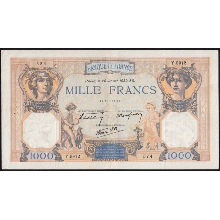 F 38-33 - 26/01/1939 - 1000 francs - Cérès et Mercure mod. - Série Y.5912 - Etat : TTB