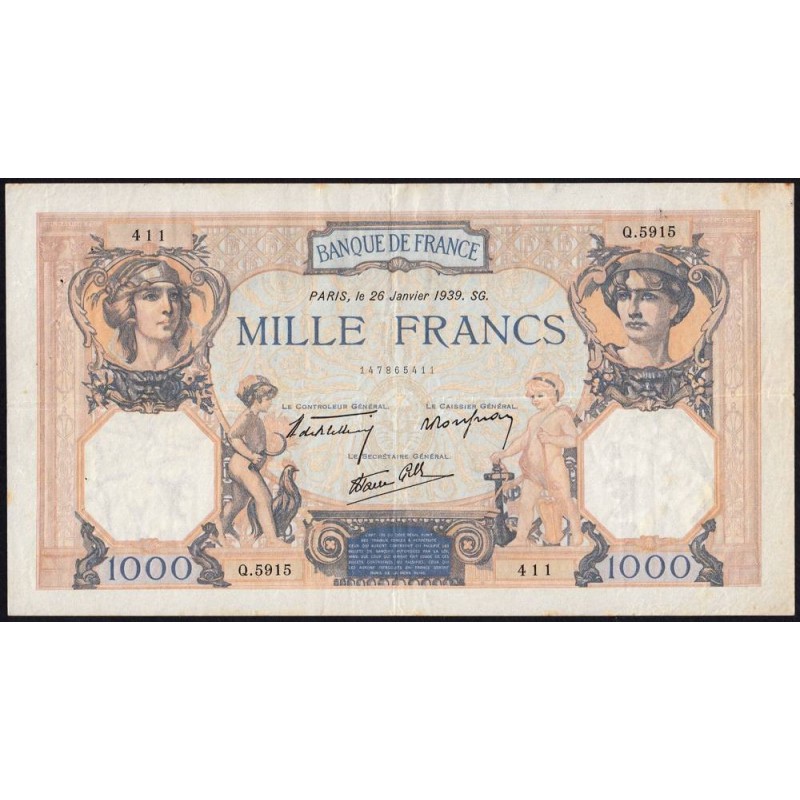 F 38-33 - 26/01/1939 - 1000 francs - Cérès et Mercure mod. - Série Q.5915 - Etat : TB+