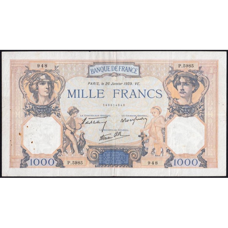 F 38-33 - 26/01/1939 - 1000 francs - Cérès et Mercure mod. - Série P.5985 - Etat : TTB