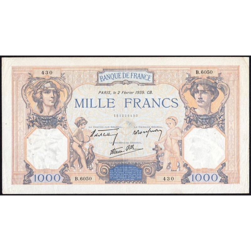 F 38-34 - 02/02/1939 - 1000 francs - Cérès et Mercure mod. - Série B.6050 - Etat : TTB