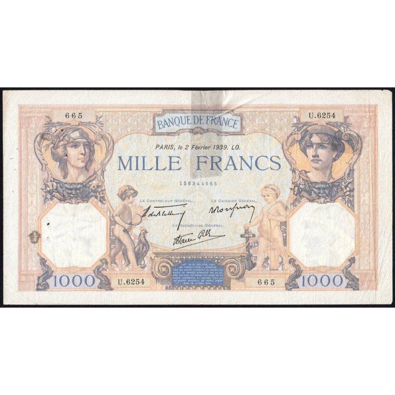 F 38-34 - 02/02/1939 - 1000 francs - Cérès et Mercure mod. - Série U.6254 - Etat : TB-
