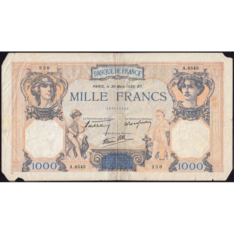 F 38-35 - 30/03/1939 - 1000 francs - Cérès et Mercure mod. - Série A.6543 - Etat : AB