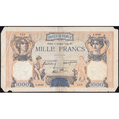 F 38-35 - 30/03/1939 - 1000 francs - Cérès et Mercure mod. - Série A.6543 - Etat : AB