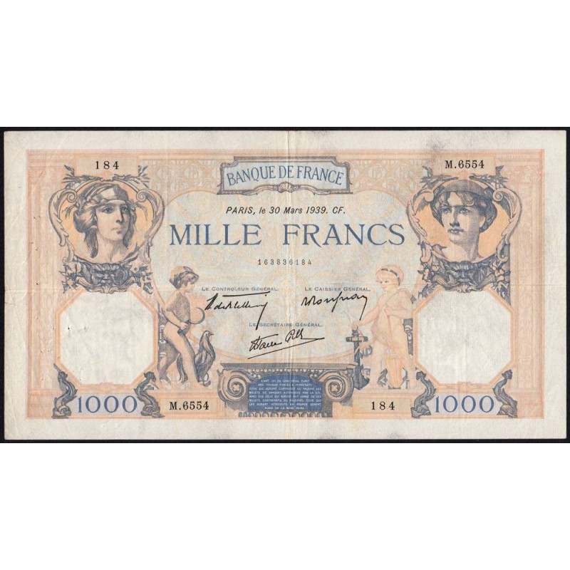 F 38-35 - 30/03/1939 - 1000 francs - Cérès et Mercure mod. - Série M.6554 - Etat : TB+