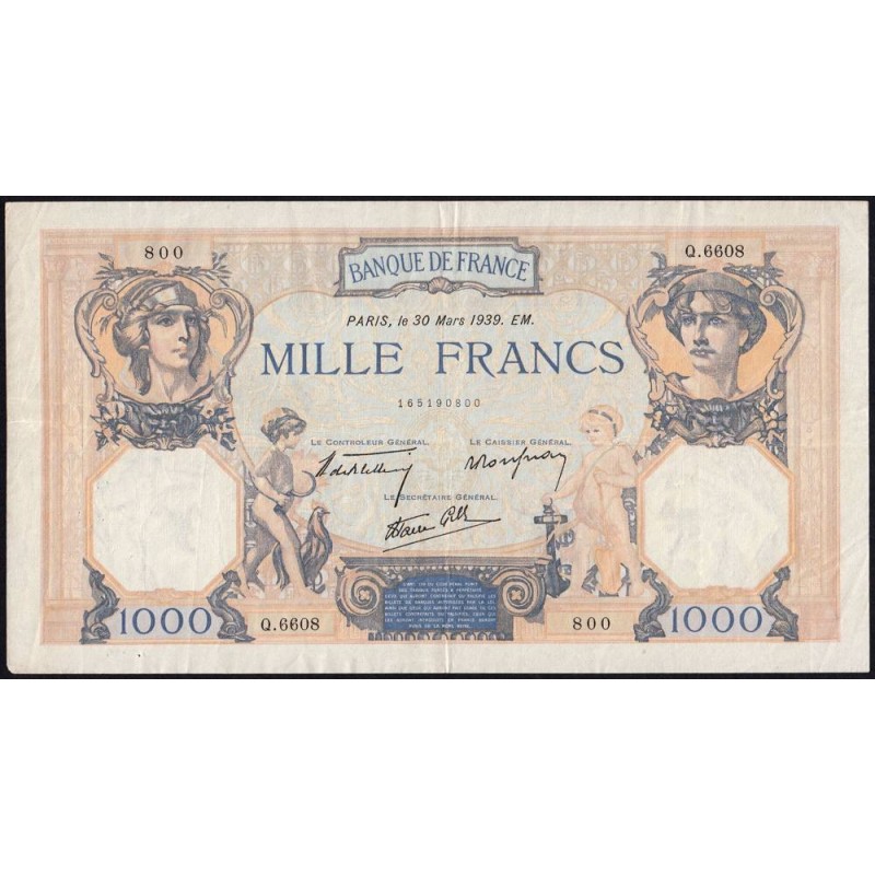 F 38-35 - 30/03/1939 - 1000 francs - Cérès et Mercure mod. - Série Q.6608 - Etat : TTB