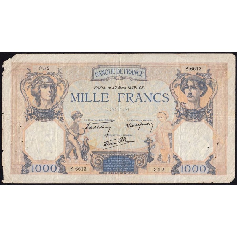 F 38-35 - 30/03/1939 - 1000 francs - Cérès et Mercure mod. - Série S.6613 - Etat : B