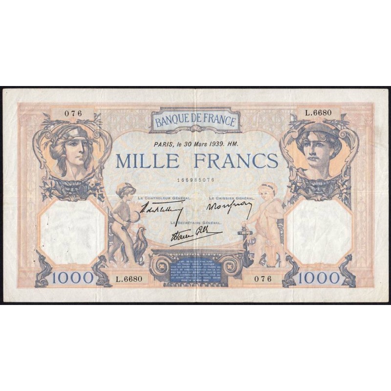 F 38-35 - 30/03/1939 - 1000 francs - Cérès et Mercure mod. - Série L.6680 - Etat : TTB-