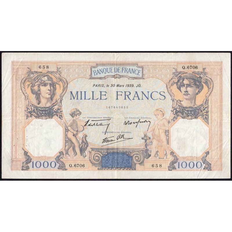 F 38-35 - 30/03/1939 - 1000 francs - Cérès et Mercure mod. - Série Q.6706 - Etat : TB+