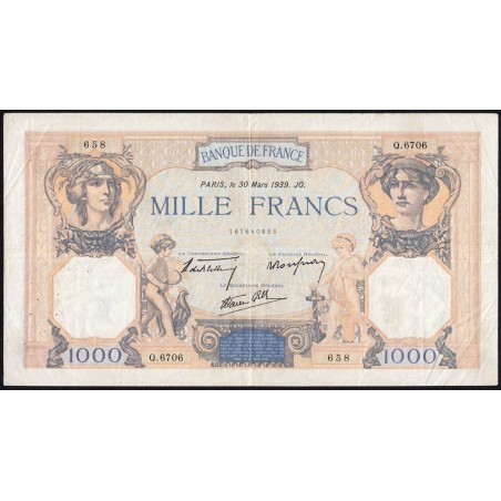 F 38-35 - 30/03/1939 - 1000 francs - Cérès et Mercure mod. - Série Q.6706 - Etat : TB+