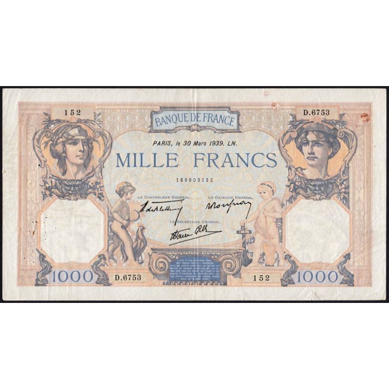 F 38-35 - 30/03/1939 - 1000 francs - Cérès et Mercure mod. - Série D.6753 - Etat : TB+