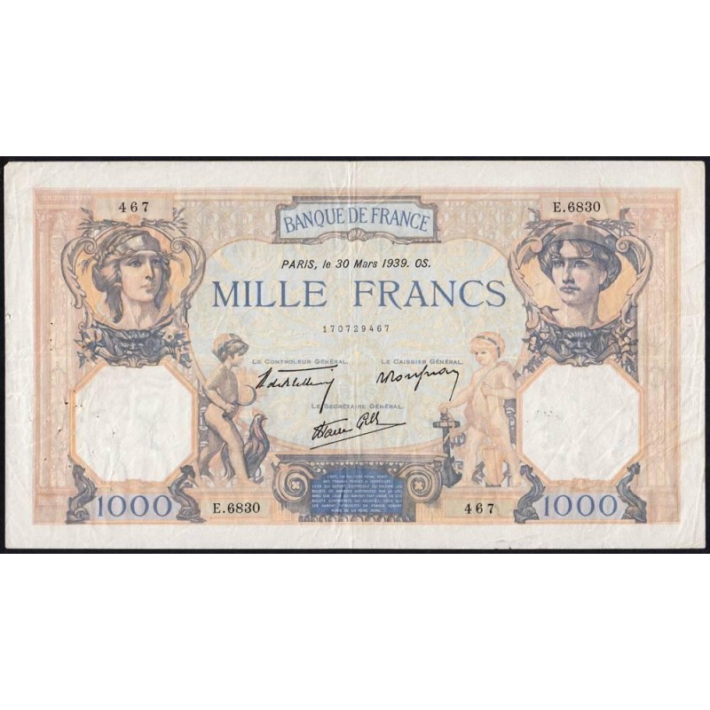 F 38-35 - 30/03/1939 - 1000 francs - Cérès et Mercure mod. - Série E.6830 - Etat : TB+