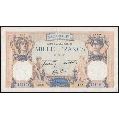 F 38-35 - 30/03/1939 - 1000 francs - Cérès et Mercure mod. - Série E.6830 - Etat : TB+