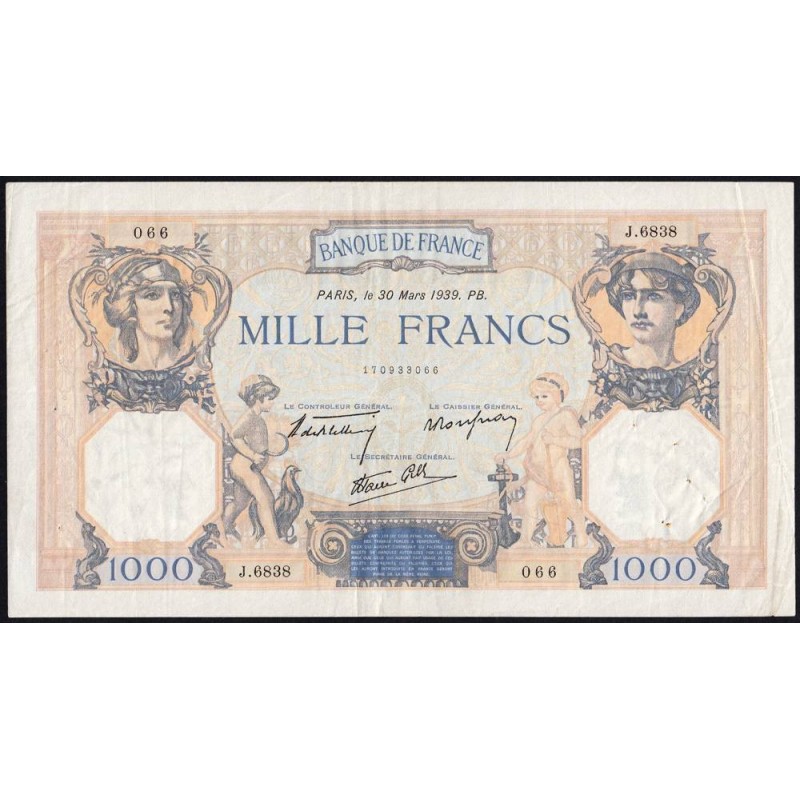 F 38-35 - 30/03/1939 - 1000 francs - Cérès et Mercure mod. - Série J.6838 - Etat : TTB