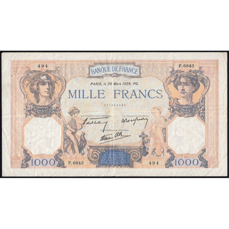F 38-35 - 30/03/1939 - 1000 francs - Cérès et Mercure mod. - Série P.6843 - Etat : TB+
