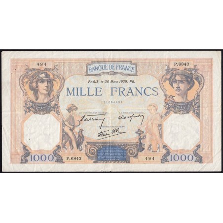 F 38-35 - 30/03/1939 - 1000 francs - Cérès et Mercure mod. - Série P.6843 - Etat : TB+