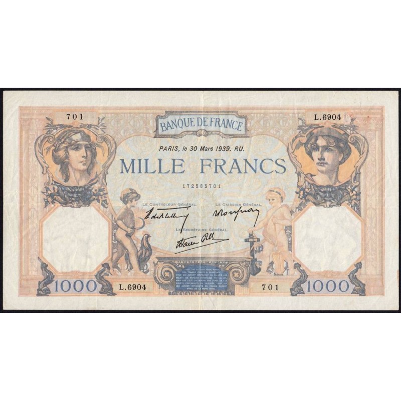 F 38-35 - 30/03/1939 - 1000 francs - Cérès et Mercure mod. - Série L.6904 - Etat : TTB-