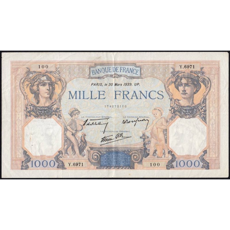 F 38-35 - 30/03/1939 - 1000 francs - Cérès et Mercure mod. - Série Y.6971 - Etat : TTB-