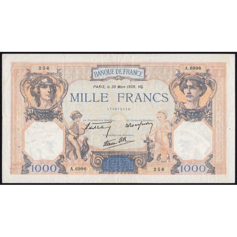 F 38-35 - 30/03/1939 - 1000 francs - Cérès et Mercure mod. - Série A.6996 - Etat : TTB