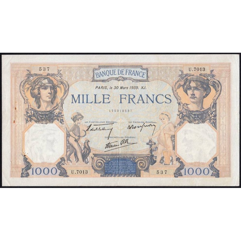 F 38-35 - 30/03/1939 - 1000 francs - Cérès et Mercure mod. - Série U.7013 - Etat : TTB