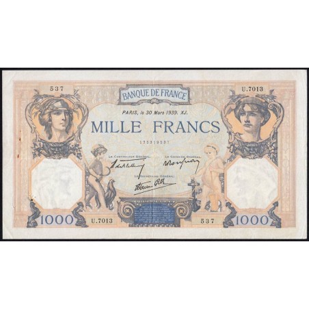 F 38-35 - 30/03/1939 - 1000 francs - Cérès et Mercure mod. - Série U.7013 - Etat : TTB